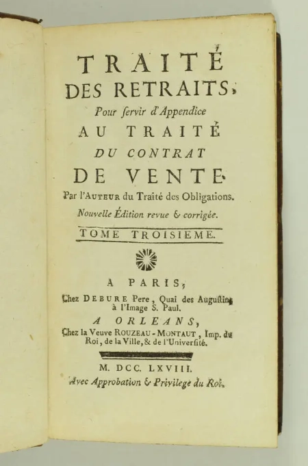 [POTHIER] Traité du contrat de vente + Traité des retraits 1768 - 3 tomes en 2v. - Photo 3, livre ancien du XVIIIe siècle