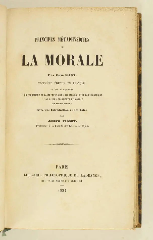 KANT - Principes métaphysiques de la morale - 1854 - Traduction de Tissot - Photo 1, livre rare du XIXe siècle