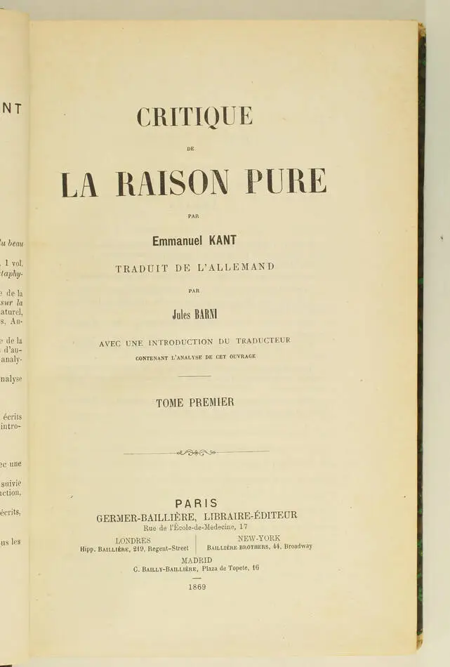 KANT - Critique de la raison pure - 1869 - 2 volumes - Traduction de Barni - Photo 1, livre rare du XIXe siècle