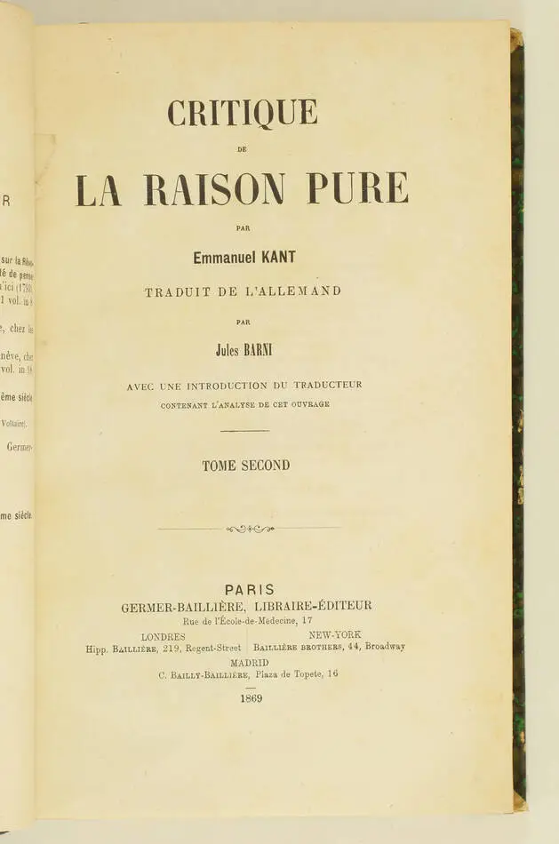 KANT - Critique de la raison pure - 1869 - 2 volumes - Traduction de Barni - Photo 2, livre rare du XIXe siècle
