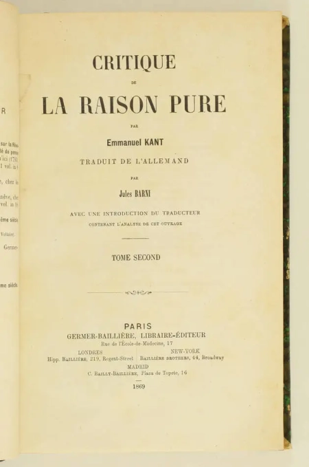 KANT - Critique de la raison pure - 1869 - 2 volumes - Traduction de Barni - Photo 2, livre rare du XIXe siècle