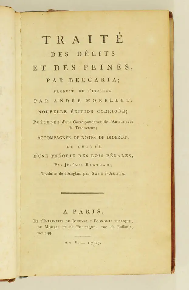 BECCARIA - Traité des délits et des peines - traduit par Morellet - 1797 - Photo 1, livre ancien du XVIIIe siècle