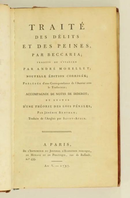 BECCARIA - Traité des délits et des peines - traduit par Morellet - 1797 - Photo 1, livre ancien du XVIIIe siècle