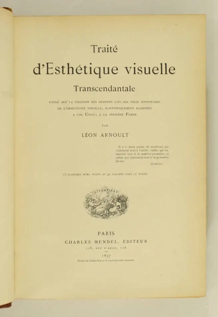 ARNOULT - Traité d esthétique visuelle transcendantale - 1897 - Photo 2, livre rare du XIXe siècle