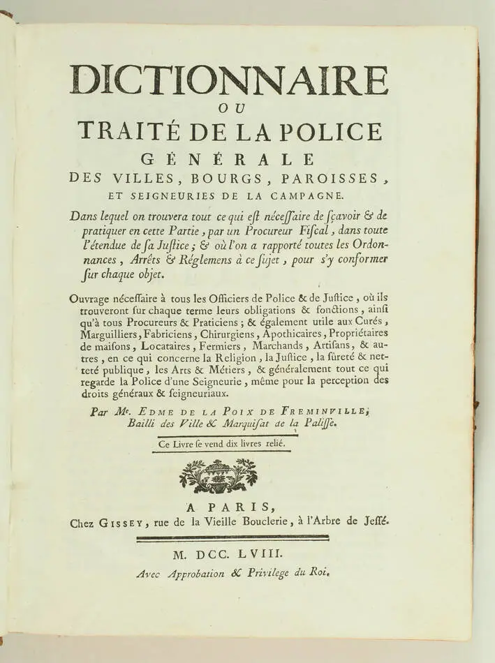 LA POIX de FREMINVILLE - Dictionnaire ou traité de la police - 1758 - In-4 - Photo 1, livre ancien du XVIIIe siècle