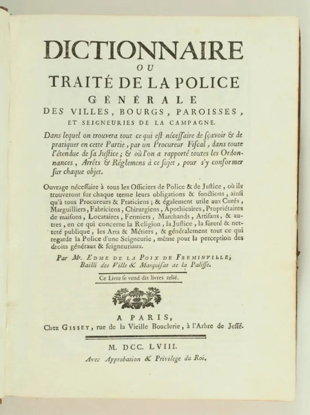 LA POIX de FREMINVILLE - Dictionnaire ou traité de la police - 1758 - In-4 - Photo 1, livre ancien du XVIIIe siècle