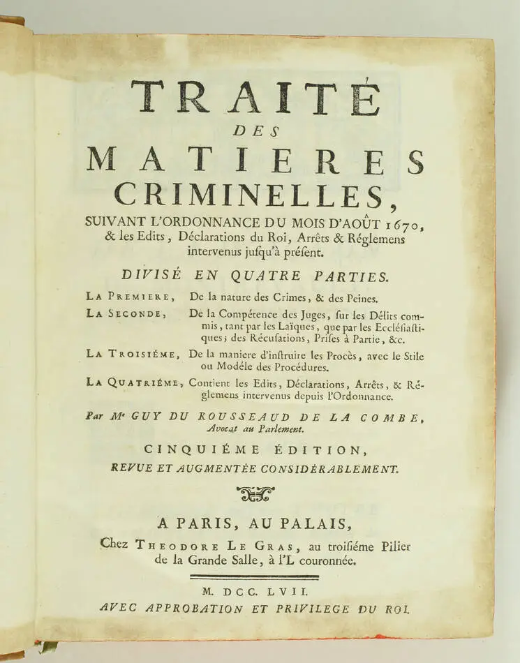 ROUSSEAUD de la COMBE - Traité des matières criminelles - 1757 - Fort in-4 - Photo 1, livre ancien du XVIIIe siècle