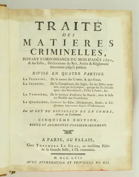 ROUSSEAUD de la COMBE - Traité des matières criminelles - 1757 - Fort in-4 - Photo 1, livre ancien du XVIIIe siècle