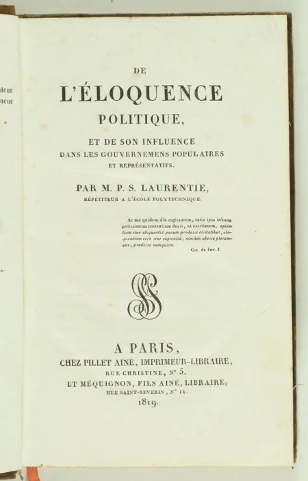 LAURENTIE - Eloquence politique, et influence dans les gouvernemens - 1819 - Photo 1, livre rare du XIXe siècle