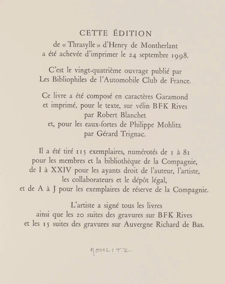 MONTHERLANT - Thrasylle - 1998 - 13 Eaux-fortes de Mohlitz - signé - Photo 6, livre rare du XXe siècle