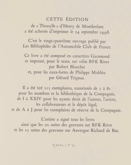 MONTHERLANT - Thrasylle - 1998 - 13 Eaux-fortes de Mohlitz - signé - Photo 6, livre rare du XXe siècle