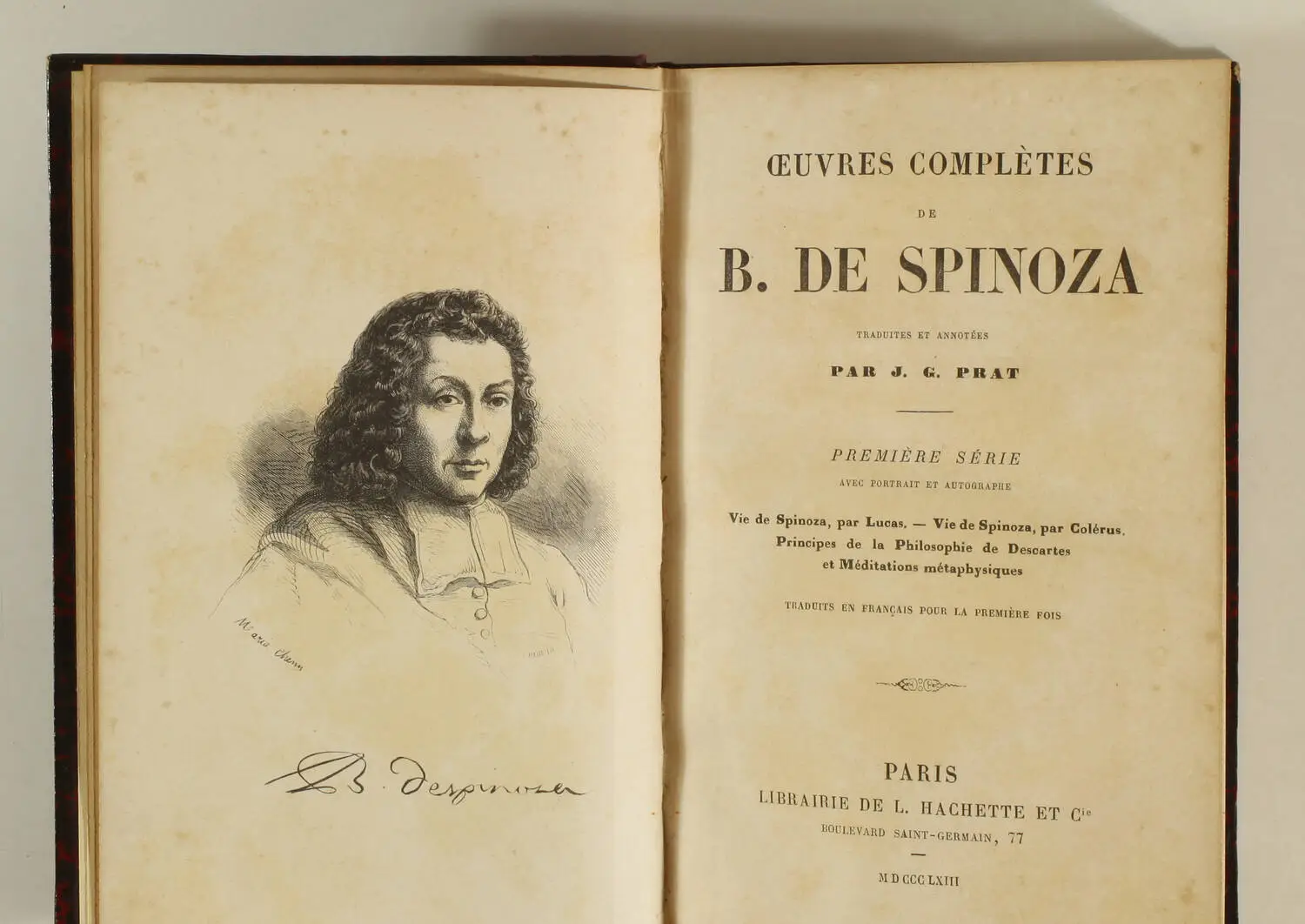 SPINOZA - Oeuvres - Traduction de Prat - 1863-1872 - 2 volumes - Photo 1, livre rare du XIXe siècle