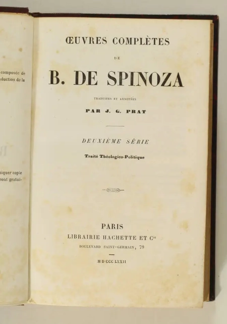 SPINOZA - Oeuvres - Traduction de Prat - 1863-1872 - 2 volumes - Photo 3, livre rare du XIXe siècle