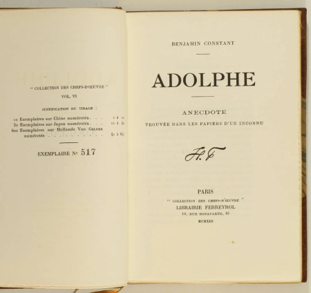 Benjamin CONSTANT - Adolphe - Ferreyrol, 1913 - Reliure signée - Photo 1, livre rare du XXe siècle