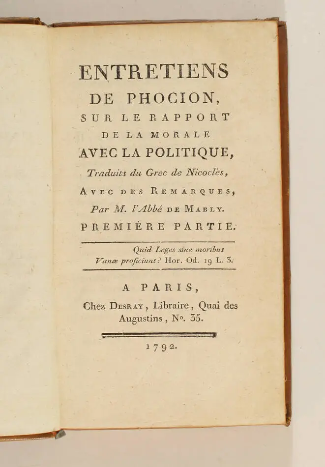 MABLY Entretiens de Phocion sur le rapport de la morale avec la politique - 1792 - Photo 1, livre ancien du XVIIIe siècle