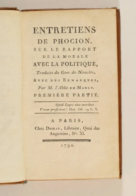 MABLY Entretiens de Phocion sur le rapport de la morale avec la politique - 1792 - Photo 1, livre ancien du XVIIIe siècle