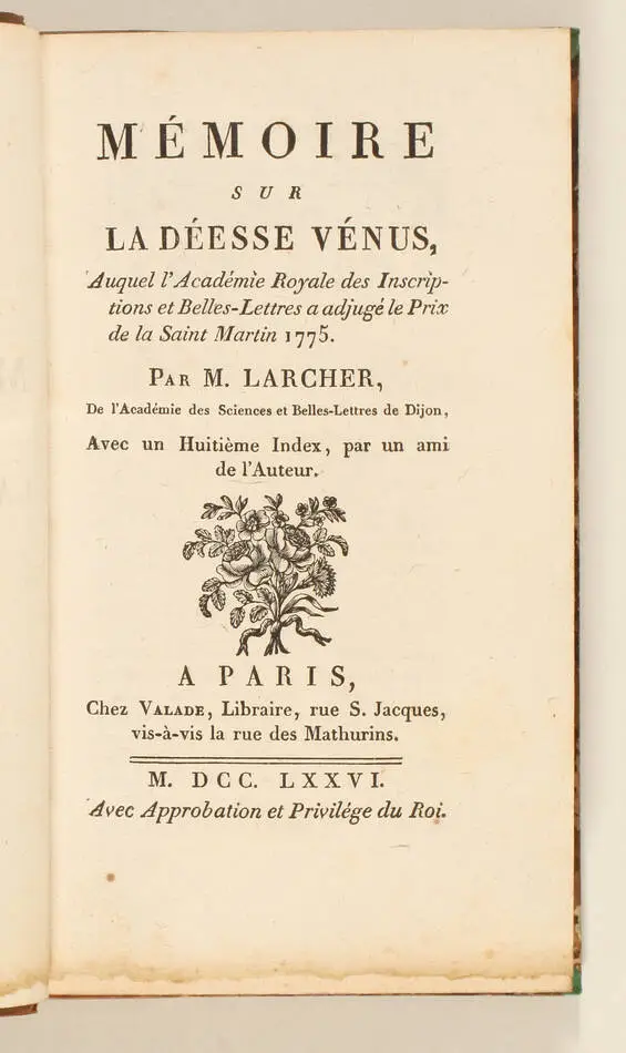 LARCHER - M&eacute;moire sur la d&eacute;esse V&eacute;nus - 1776 - Photo 1, livre ancien du XVIIIe si&egrave;cle