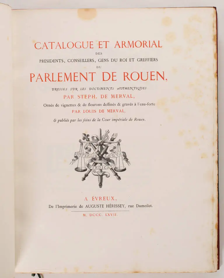 [H&eacute;raldique] MERVAL Catalogue et armorial du parlement de Rouen - 1867 - Photo 1, livre rare du XIXe si&egrave;cle