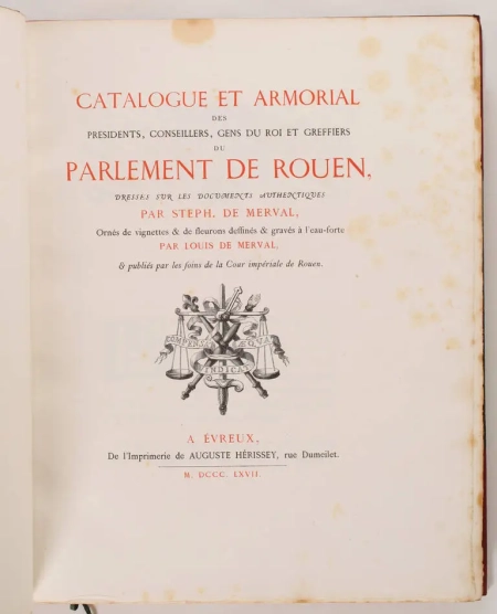 [H&eacute;raldique] MERVAL Catalogue et armorial du parlement de Rouen - 1867 - Photo 1, livre rare du XIXe si&egrave;cle