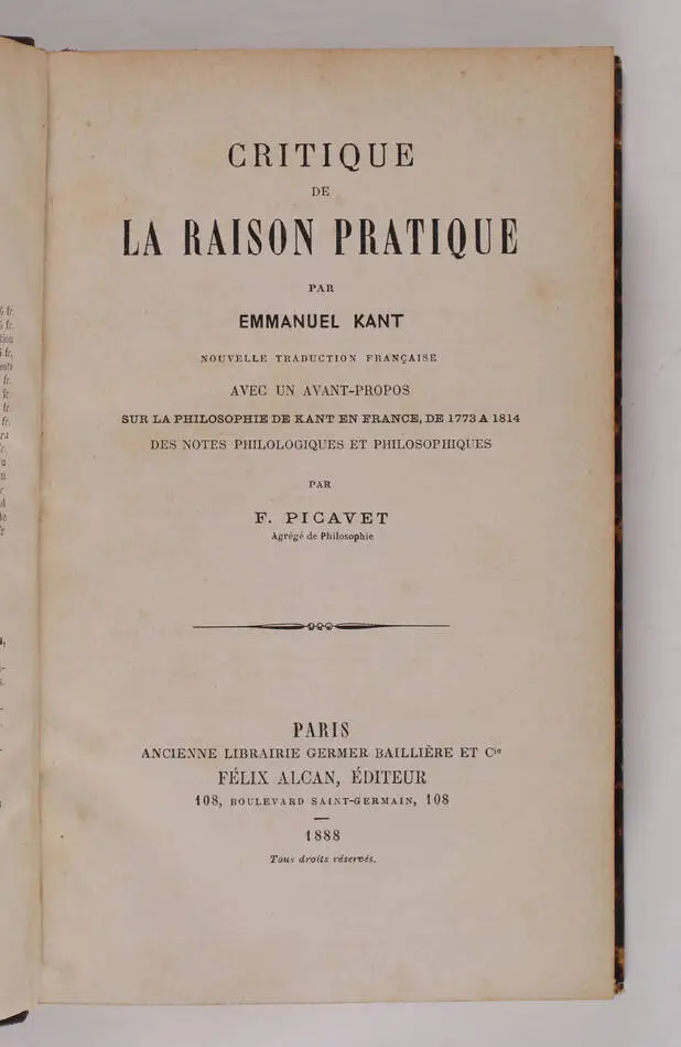 KANT - Critique de la raison pratique - 1888 - Picavet - Photo 0, livre rare du XIXe siècle