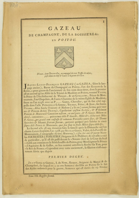 [Noblese, Poitou] Hozier - Généalogie Gazeau de Champagné en Poitou - 1741 - Photo 1, livre ancien du XVIIIe siècle
