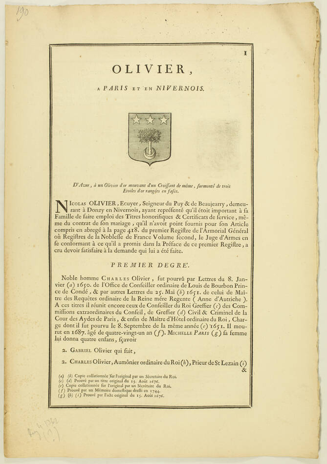 [Noblesse Nivernais] Hozier - Généalogie Olivier à Paris et en Nivernais - 1762 - Photo 1, livre ancien du XVIIIe siècle