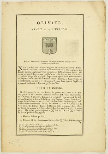[Noblesse Nivernais] Hozier - Généalogie Olivier à Paris et en Nivernais - 1762 - Photo 1, livre ancien du XVIIIe siècle