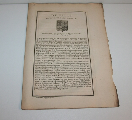 HOZIER (Louis Pierre d') et d'HOZIER DE SERIGNY. Généalogie de la famille de Billi dans l'Isle de France, livre ancien du XVIIIe siècle