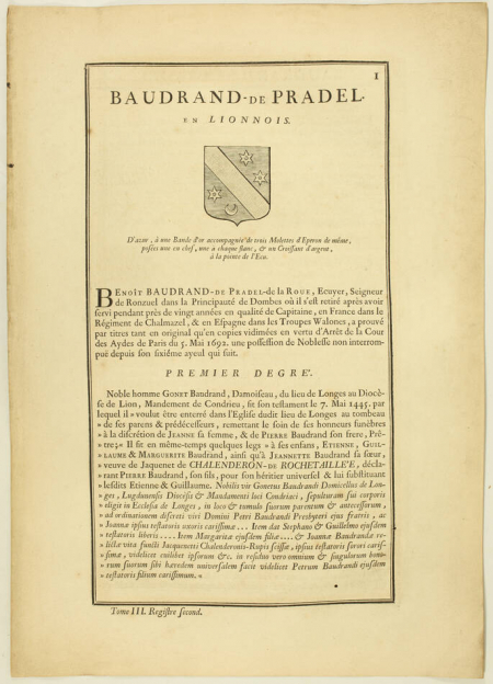 Hozier - Généalogie Baudrand de Pradel en Lyonnais - 1741 - Photo 1, livre ancien du XVIIIe siècle