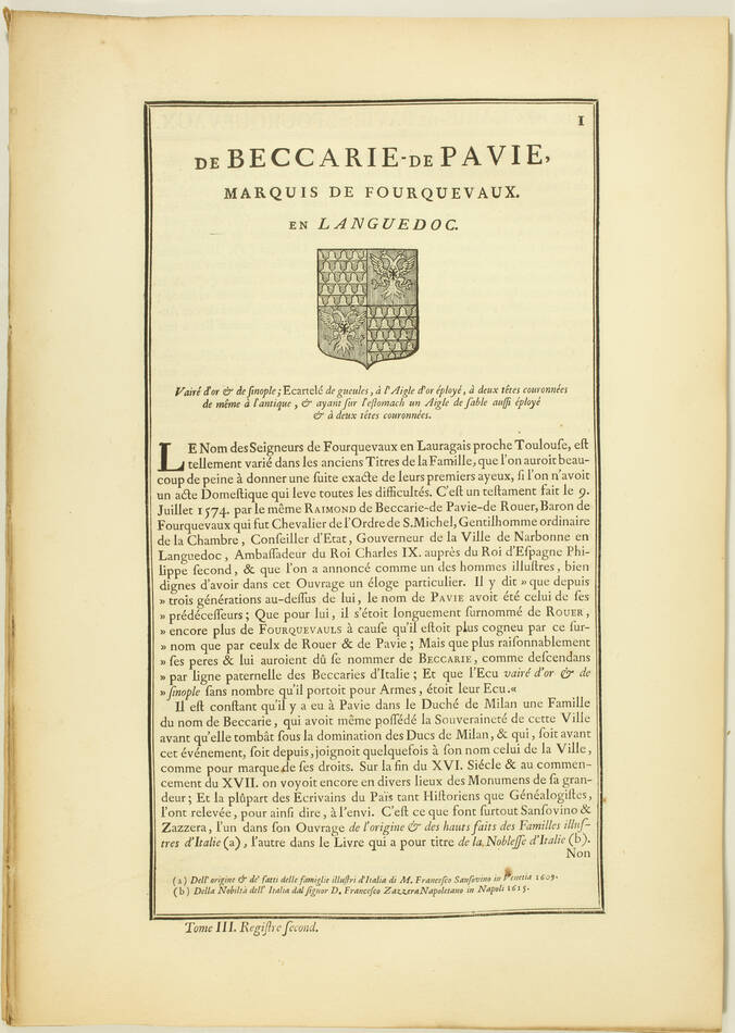 Hozier - Généalogie de Beccarie de Pavie - 1741 - Languedoc - Photo 1, livre ancien du XVIIIe siècle