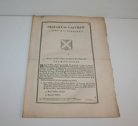 HOZIER (Louis Pierre d') et d'HOZIER DE SERIGNY. Généalogie de la famille Gestard de Valville à Paris et en Normandie, livre ancien du XVIIIe siècle