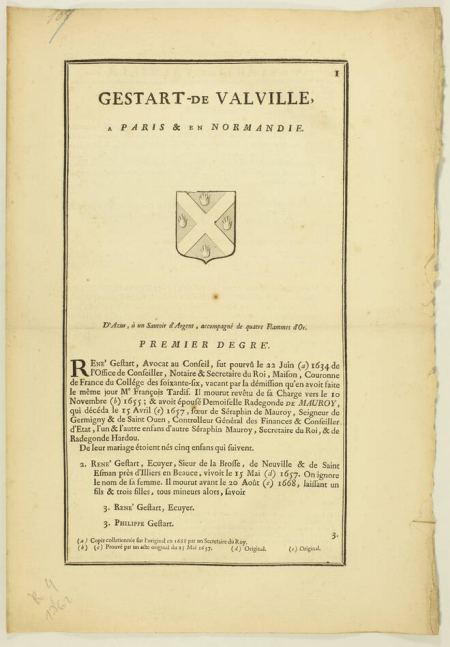 Hozier - Généalogie Gestard de Valville - 1762 - Paris - Photo 1, livre ancien du XVIIIe siècle