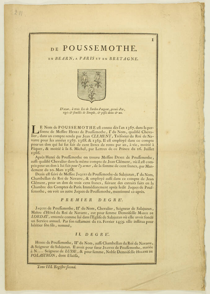 Hozier - Généalogie de Poussemothe, en Béarn - 1741 - Photo 1, livre ancien du XVIIIe siècle
