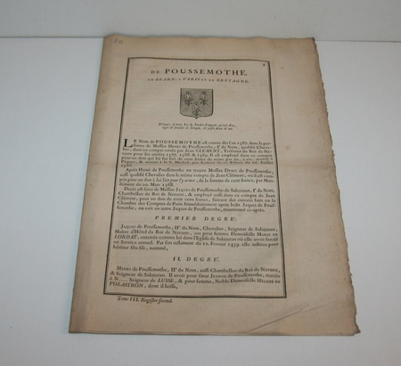 Hozier - Généalogie de Poussemothe, en Béarn - 1741 - Photo 1, livre ancien du XVIIIe siècle