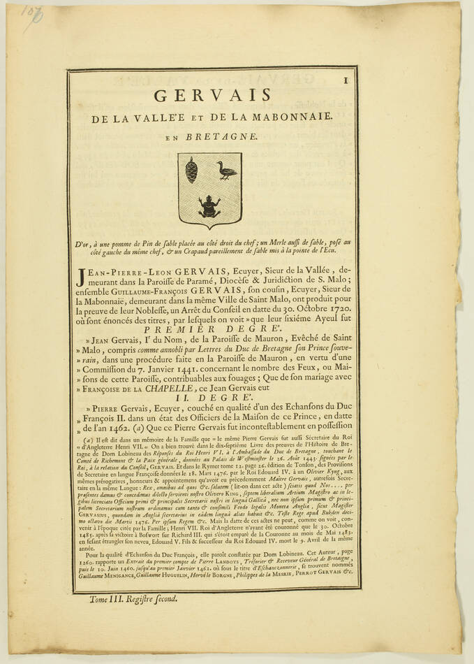 Hozier - Généalogie Gervais de la Vallée - 1741 - Bretagne - Photo 1, livre ancien du XVIIIe siècle