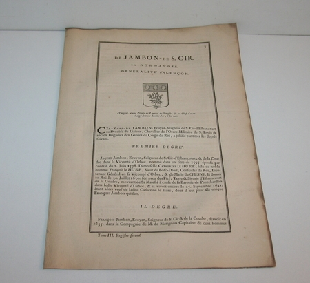 Hozier - Généalogie Jambon de Saint-Cyr en Normandie - 1741 - Photo 0, livre ancien du XVIIIe siècle
