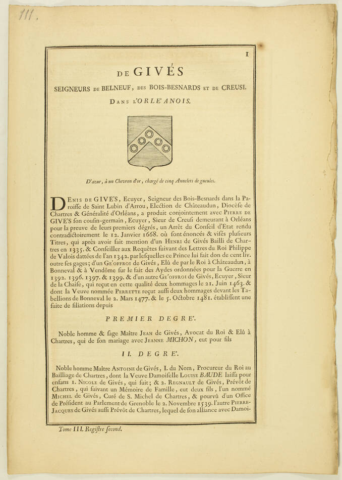 Hozier - Généalogie de Givès de Belneuf - 1741 - Orléanais - Photo 1, livre ancien du XVIIIe siècle