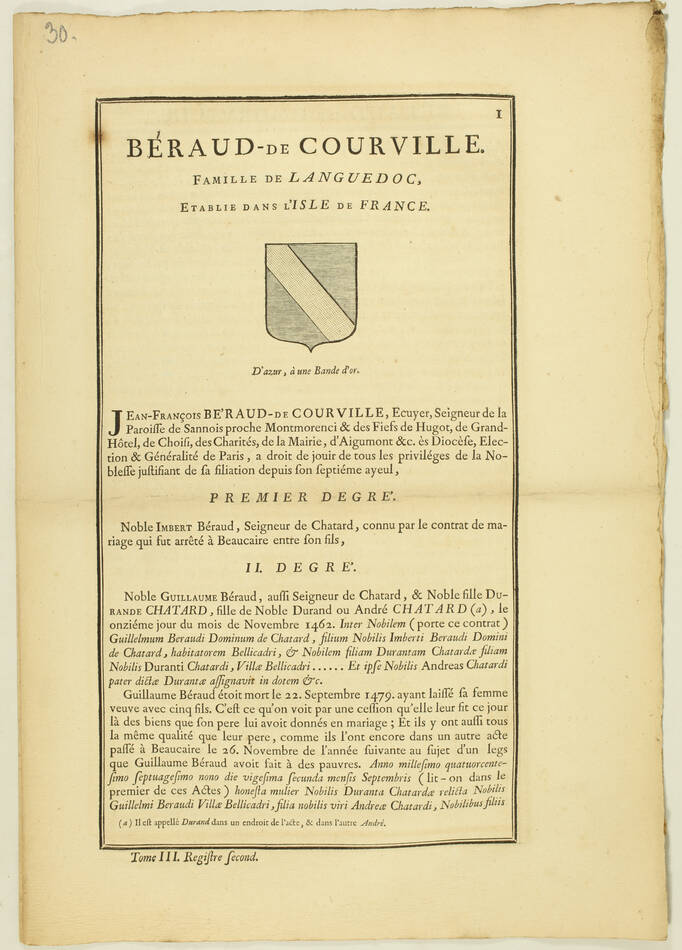 Hozier - Généalogie Béraud de Courville - 1741 - Languedoc - Photo 1, livre ancien du XVIIIe siècle