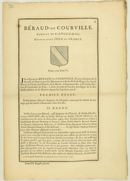 Hozier - Généalogie Béraud de Courville - 1741 - Languedoc - Photo 1, livre ancien du XVIIIe siècle
