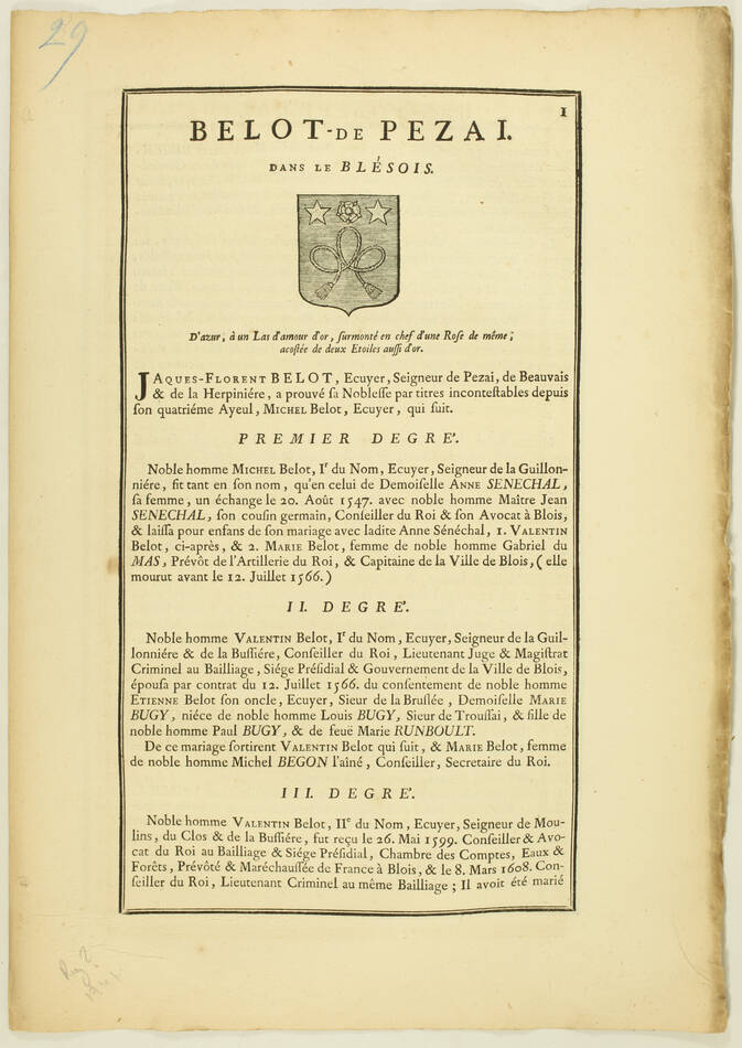Hozier - Généalogie Belot de Pezai - 1741 - Blésois - Photo 1, livre ancien du XVIIIe siècle