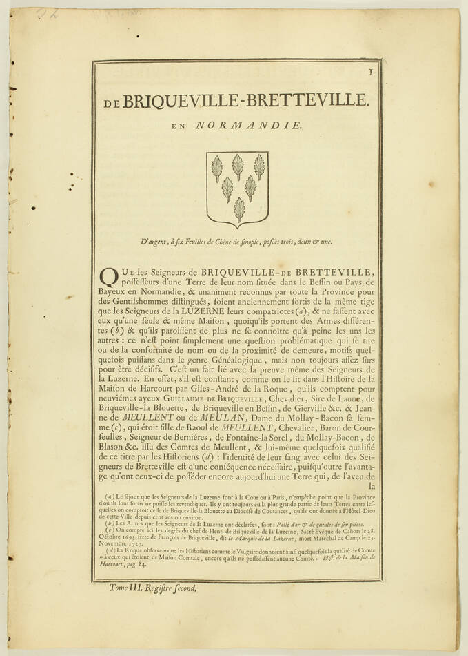 Hozier - Généalogie Briqueville-Bretteville - Normandie - 18e - Photo 1, livre ancien du XVIIIe siècle