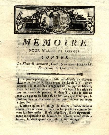 . Mémoire pour Madame de Gravier contre le sieur Bérenger, curé et le sieur Cheynet, bourgeois de Loriol. [Et :] Observations pour la dame de Gravier contre les sieurs Cheynet et Bérenger