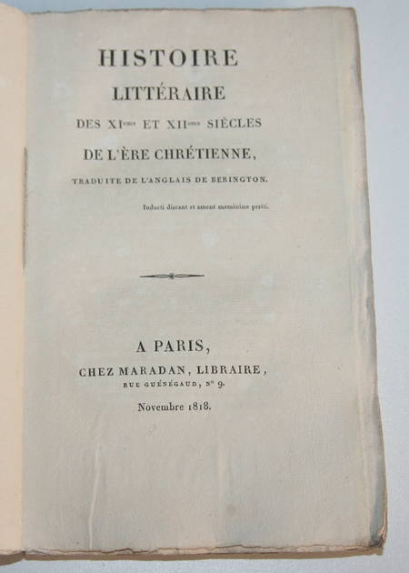 BERINGTON - Histoire littéraire des XIe et XIIe siècles - 1818 - Photo 0, livre rare du XIXe siècle