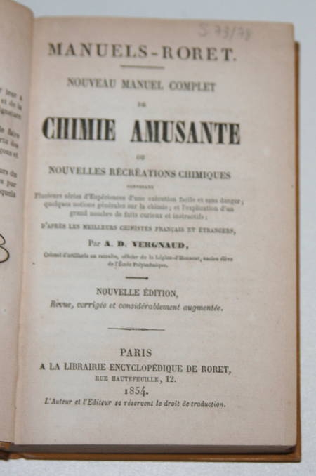 [Roret] Manuel complet de chimie amusante, nouvelles récréations chimiques 1854 - Photo 1, livre rare du XIXe siècle