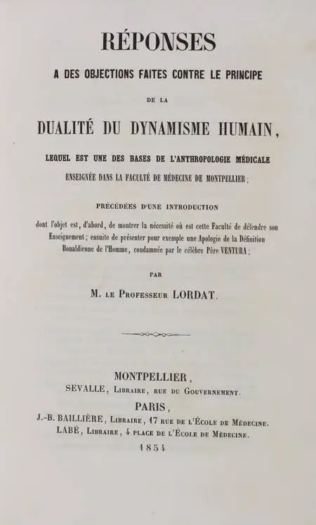 Lordat - Principe de la dualité du dynamisme humain 1854 - Relié - Photo 0, livre rare du XIXe siècle