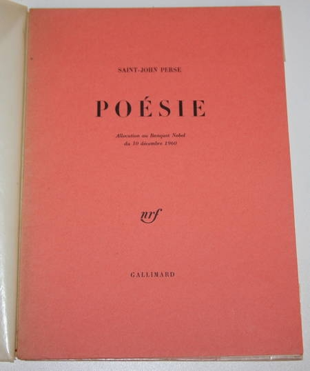 SAINT-JOHN PERSE - Poésie. Allocution au Banquet Nobel du 10 décembre 1960 - EO - Photo 0, livre rare du XXe siècle