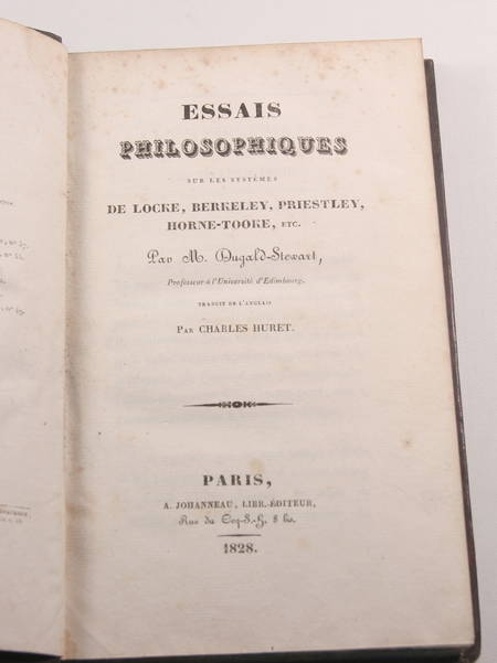 Photo livre n°2. DUGALD-STEWART M. Essais philosophiques sur les systèmes, livre rare du XIXe siècle