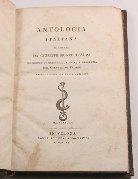 Photo livre n°1. MONTEROSSI Guiseppe. Antologia italiana Compilata da Guiseppe, livre rare du XIXe siècle