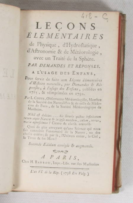 Photo livre n°3. COTTE L. Leçons élémentaires de physique d’hydrostatique, 