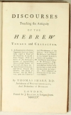 SHARP Discourses touching the antiquity of the hebrew. Tongue and character 1755 - Photo 0, livre ancien du XVIIIe siècle